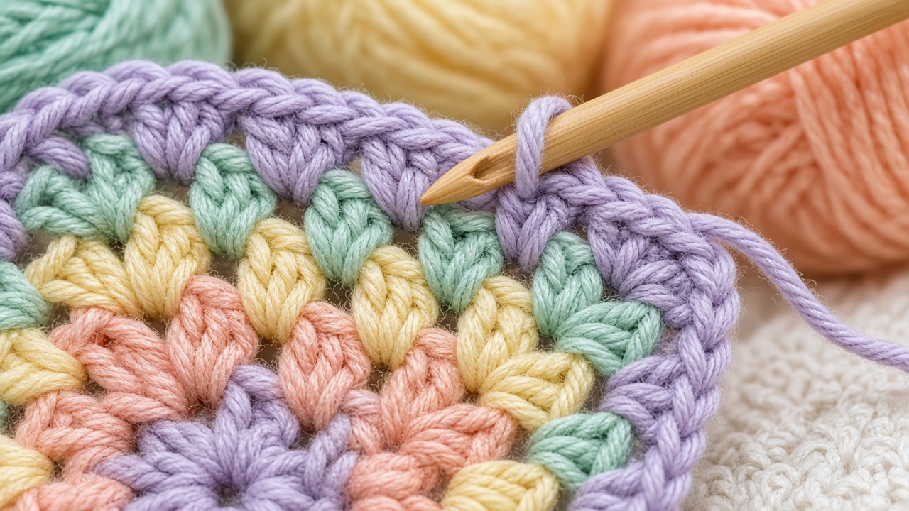 Nahaufnahme: bunte Granny-Cluster mit Bambushäkelnadel