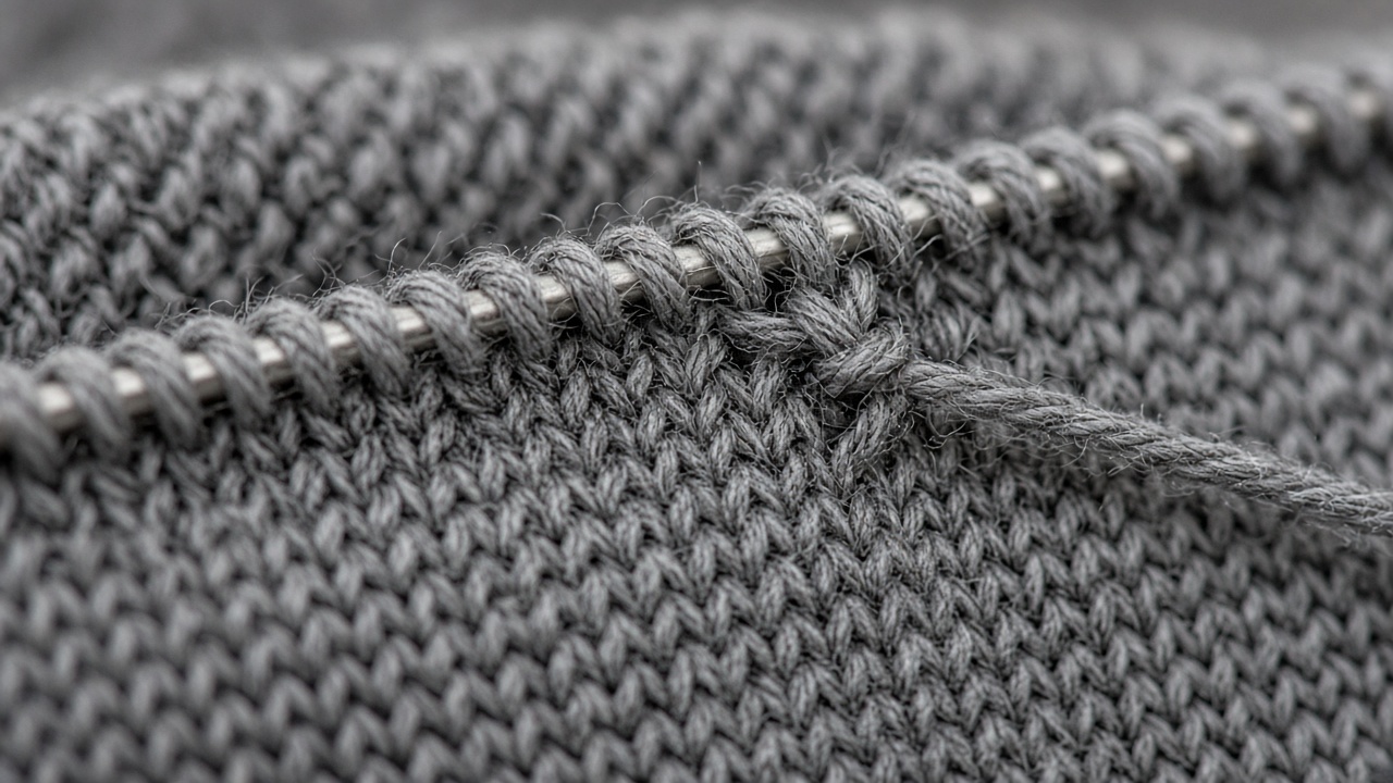 Detail: graue Maschen und Abnahme an Metallstricknadel
