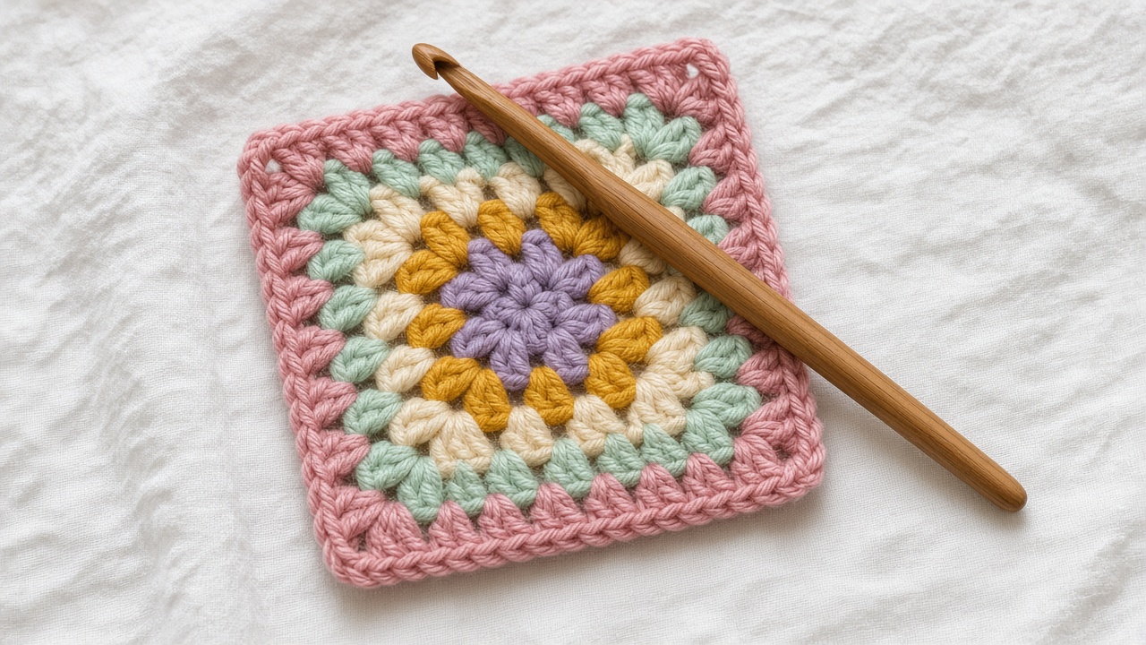Einzelnes buntes Granny Square mit Holzhäkelnadel